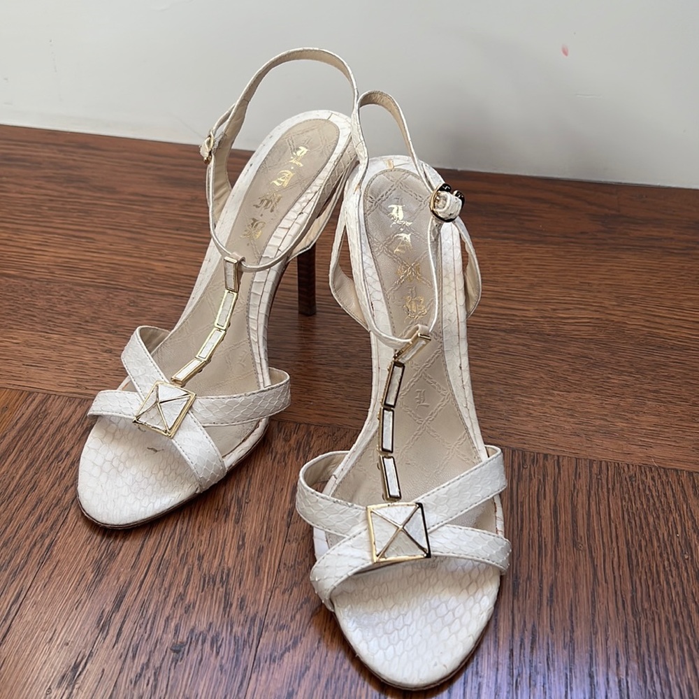 Original Gwen Stefani L.A.M.B. Sandals in white with gold hardware.